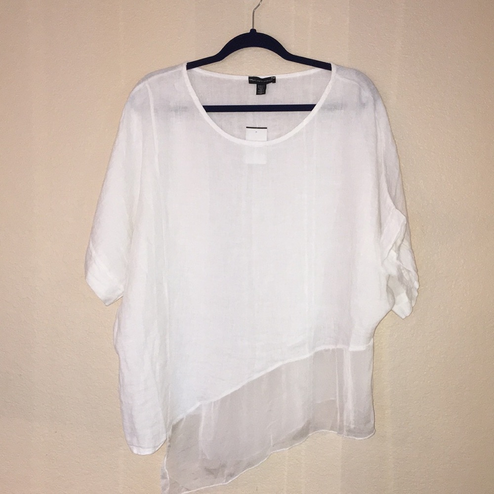 Saks Fifth Avenue White Linen Top Sheer Blouse Size Medium Lagenlook Coastal